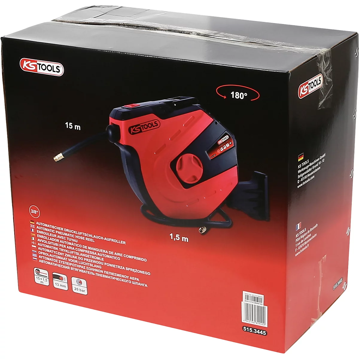 Roter KS Tools Druckluft-Schlauchaufroller in Verpackung mit Produktinformationen.